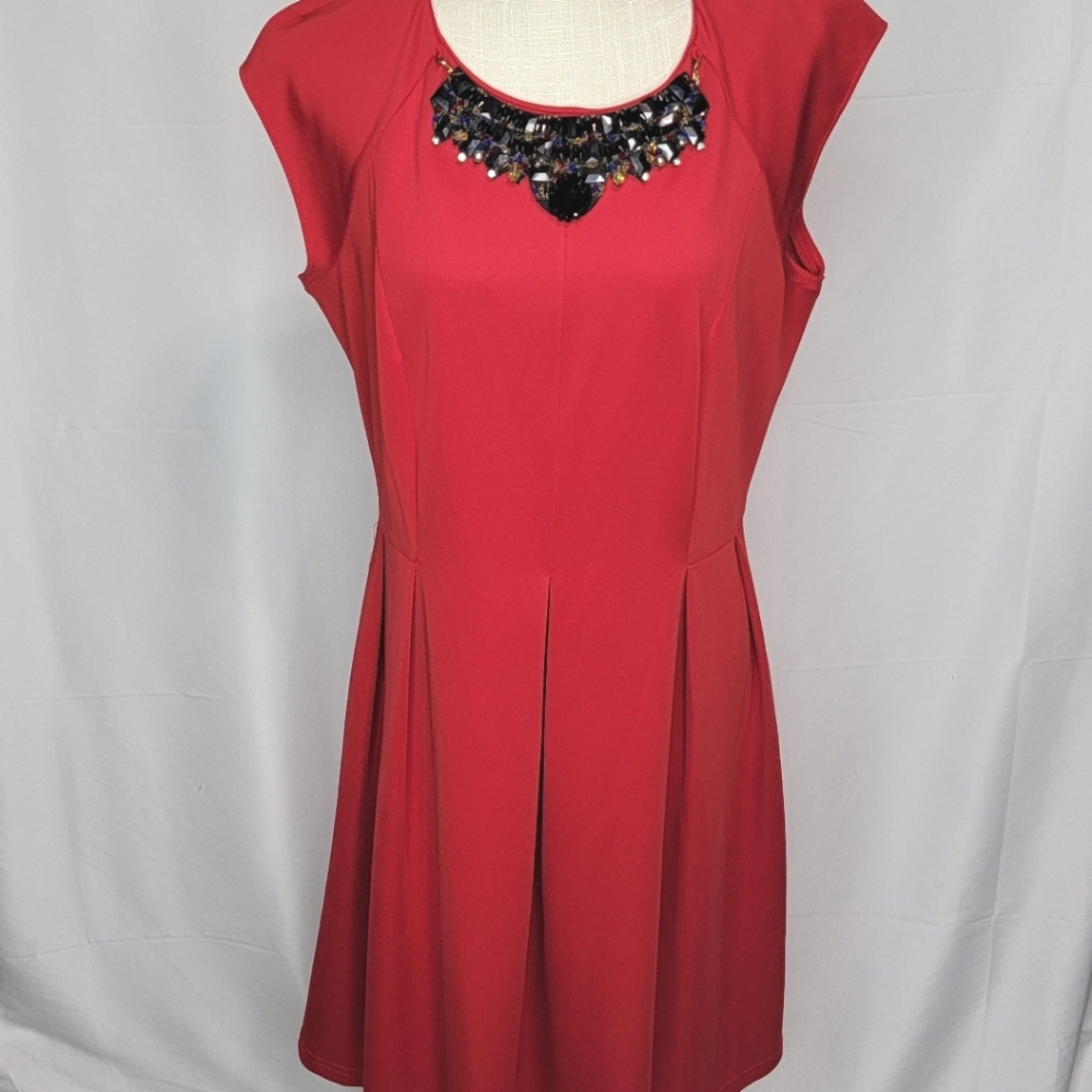 GORGEOUS!! Spense Red‎ Box Pleat Dress with Rhinestone Neckline Size 14